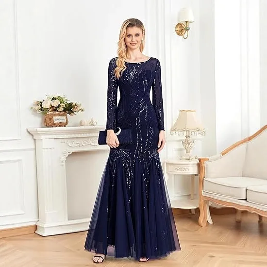 

Роскошные вечерние платья с длинными рукавами для женщин, элегантное тюлевое платье русалки с блестками, вечернее платье подружки невесты, коктейльное платье макси для выпускного вечера