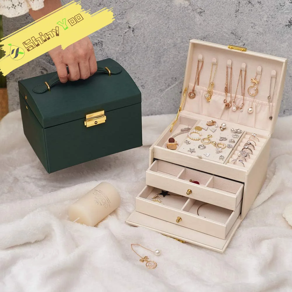 

3 Layers Jewelry Organizer Boxes with Lock, Jewelry Travel Case for Women, Leather Jewelry Boxes for Earrings, Rings, Necklaces