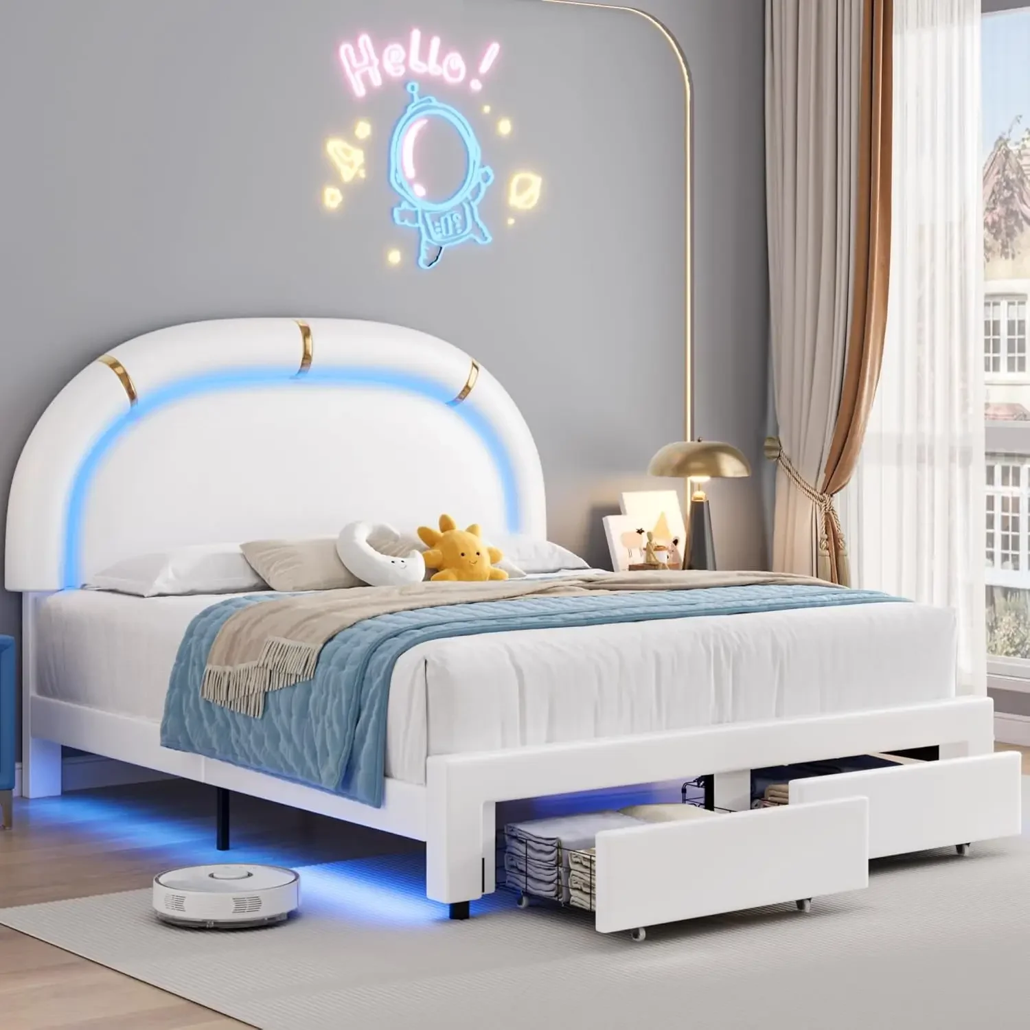 Full LED Bed Frame with 2 Storage Drawers & Adjustable Semicircle Headboard, Faux Leather Upholstered Platform Bed Frame for Kid