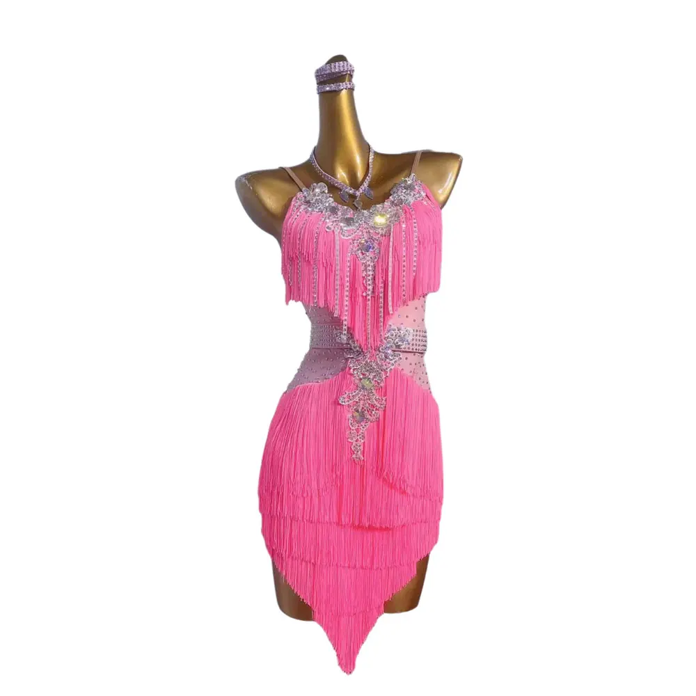 

Latin Dance International Stage Diamond Women's Wear High end Customized Pink Tassel Strap American Samba Performance Dress