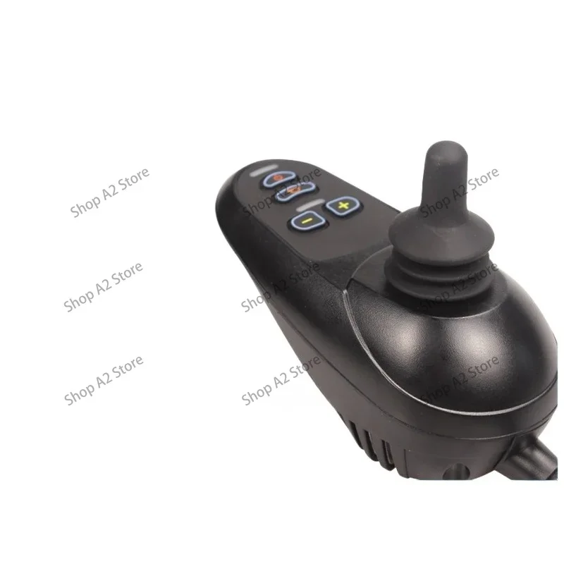 Universal electric wheelchair remote control; intelligent joystick; adjustable speed; stops when released.