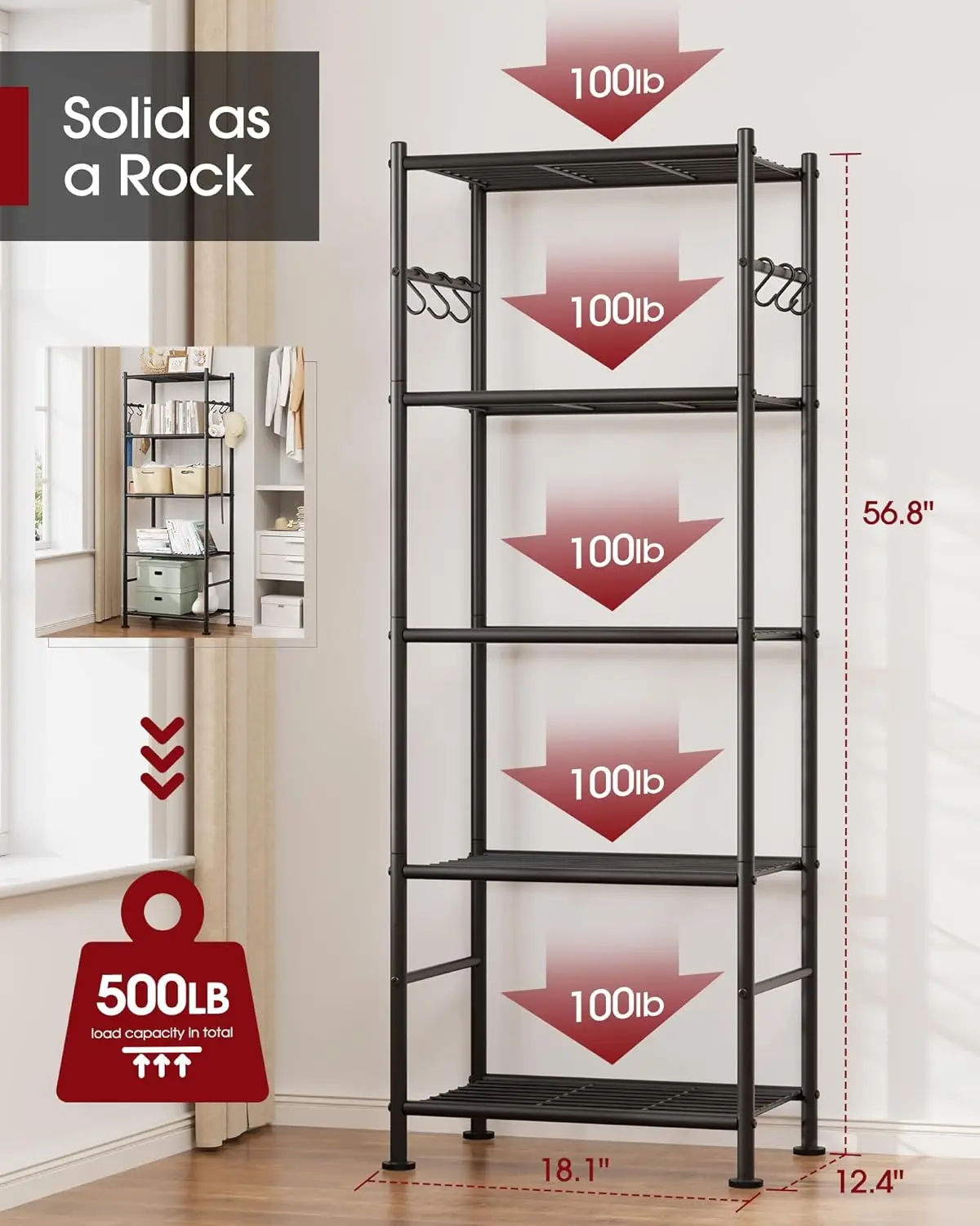 رف تخزين معدني شديد التحمل مكون من 5 طبقات مع خطافات، أقدام قابلة للتعديل للمرآب وغرفة النوم والشرفة - أسود #3