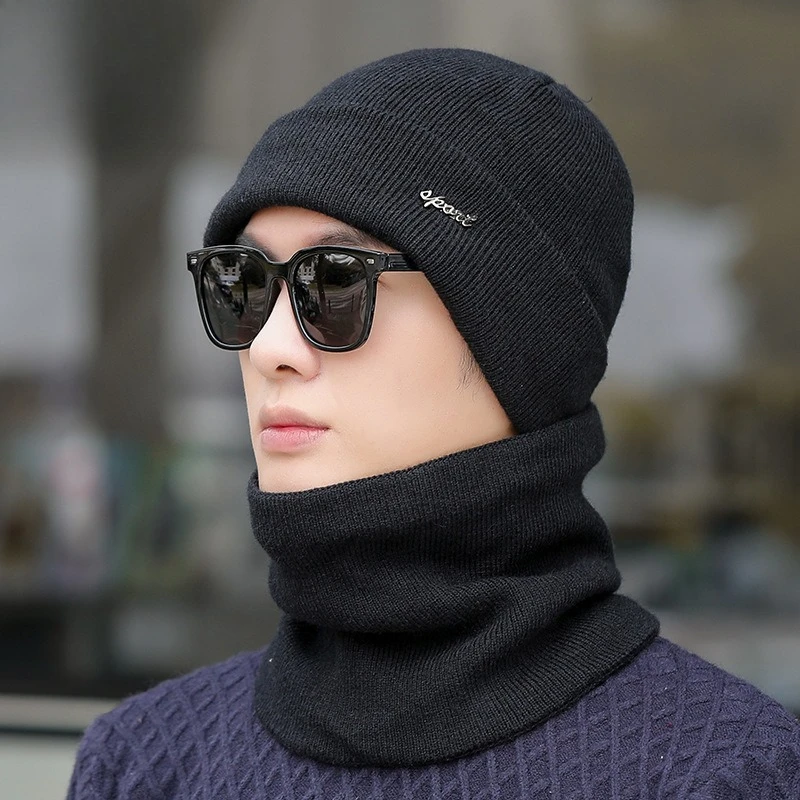 Knitted Hat Scarf Kit Men's Winter New Outdoor Leisure Fleece Ear Protector Wool Hat Trendy Solid Color Warm Stack Hat