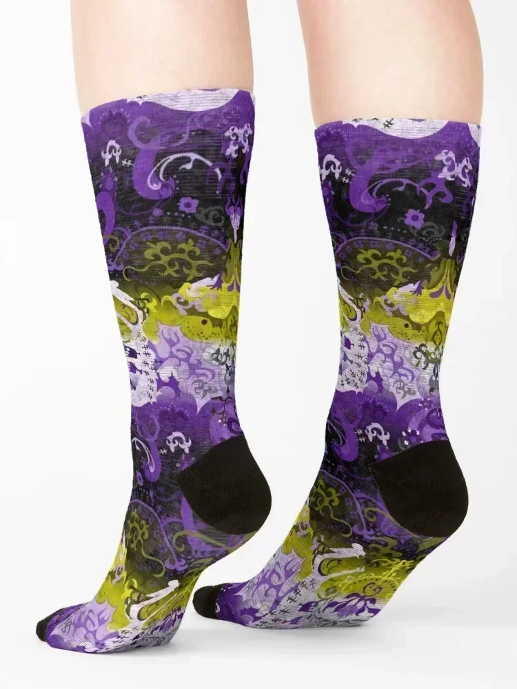 논바이너리 드래곤 다마스크 -- 논바이너리 프라이드 플래그 컬러 양말 스포츠 새해 전문 러닝 발열 양말 여성 남성용