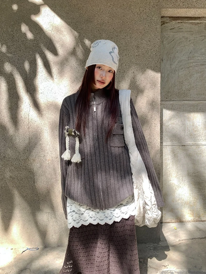 

Korean Sle Woolen Knitted Open Cardigan Purple Color Simple Design Long Sve Zipper Closure Regular Fit Autumn Winter Swe...