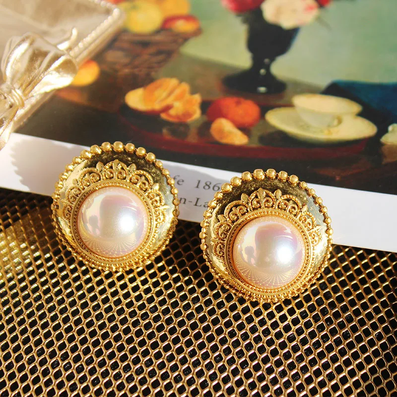 

Retro Exaggerated Pearl Earrings Vintage Court Style Pearl Earrings 925 Silver Needle Gold Color Earring Luxury Jewelry Gift