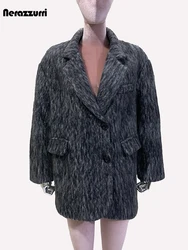 Nerazzurri Autumn Winter Clothes Women 2024 Long Sleeve Single Breasted Loose Casual Thick Warm Soft Grey Fluffy Jacket Blazer