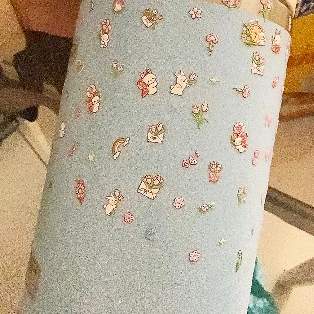 5D Rabbit Bowknot Rainbow Nail Art Stickers Kawaii Pink Cartoon Bunny Heart Flower Grass Embossed Nail Decals Manicure Sliders##