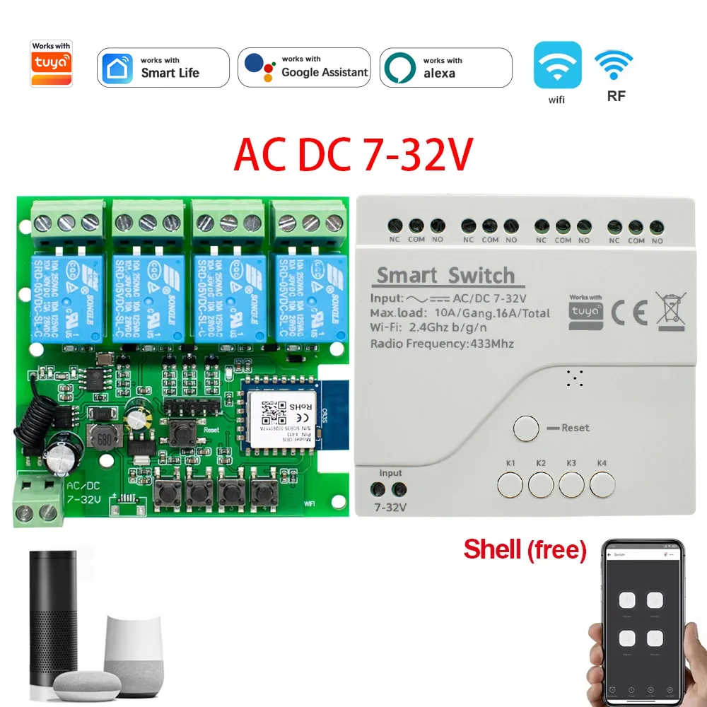 4ch Wifi Relais Smart Wireless 250 Fernbedienung Schalt modul 7-32V 85-220V 110V 2200 V W 10a DIY Licht motor Empfänger Funktioniert mit Tuya Alexa