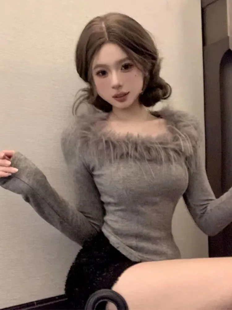 Furry Collar Patchwork Long Sleeve T-shirt Women Autumn Winter Slim Waist Base Crop Top Y2k Aesthetic Spicy Girl Tees