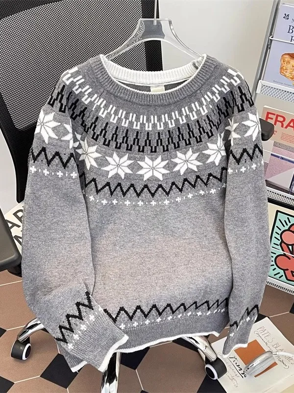 

Retro Fair Isle Knit round Ne Sweater Men's Loose Casual Sle Autumn Winter New Lazy Sle Couple Matching Knitted Sweater