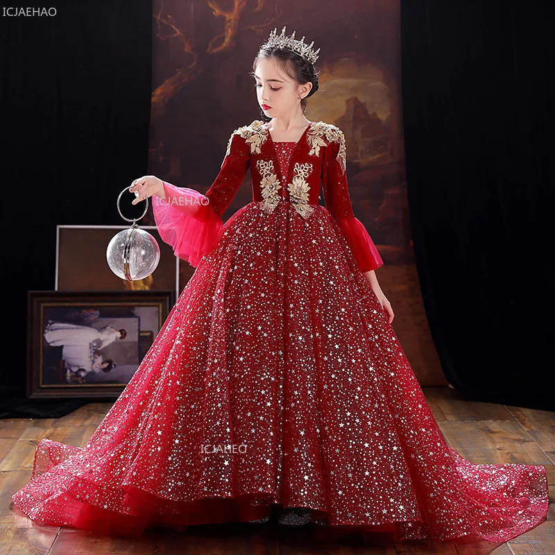 

Новое красное детское праздничное платье для девочек, пышное тюлевое платье принцессы для ведущего, модные платья, костюмы для выступления на день рождения, сценическое выступление
