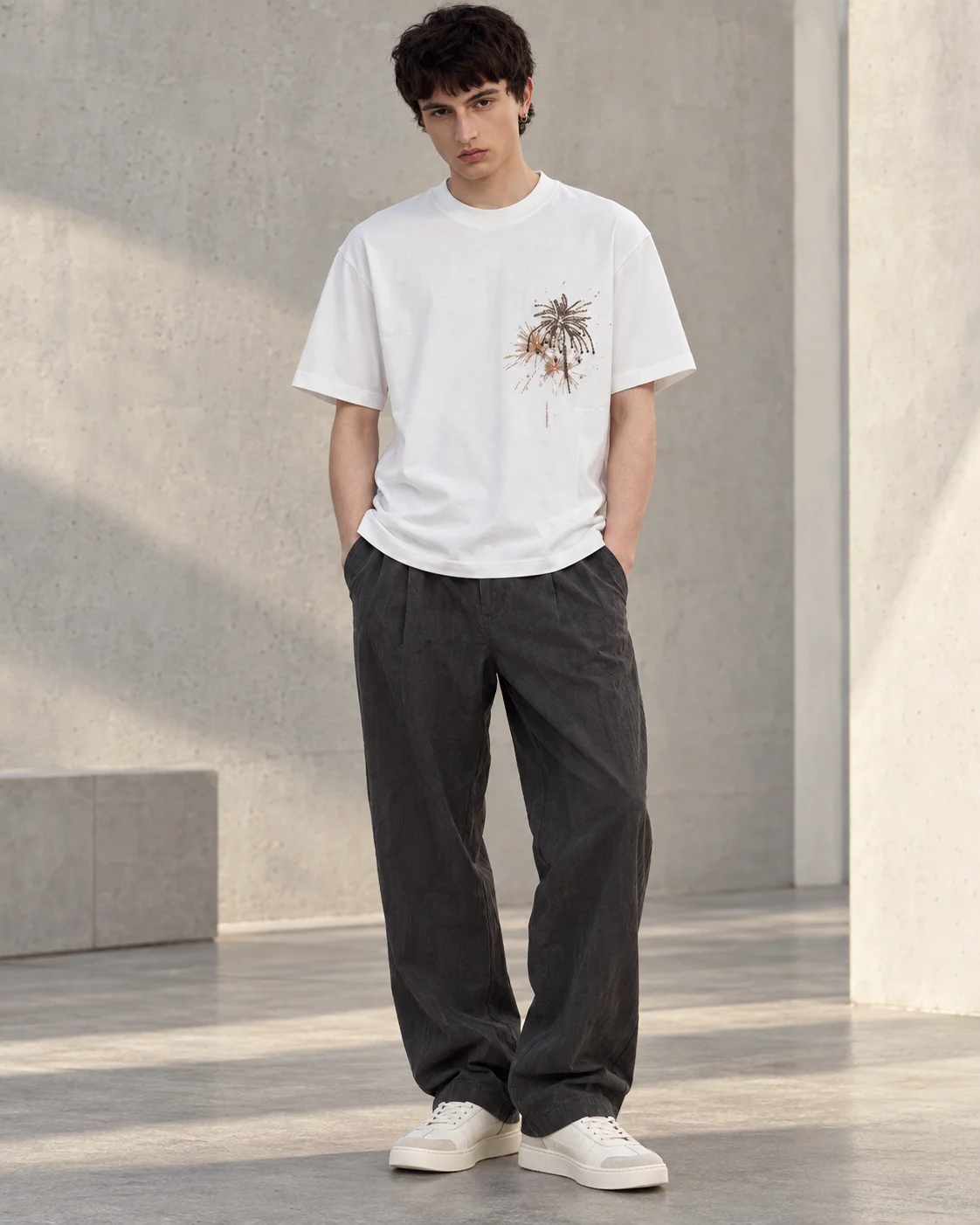 MAZZONNE Men's White 100% Cotton Short Sleeve Crew Neck T-Shirt Metal Hardware Embellished Streetwear H