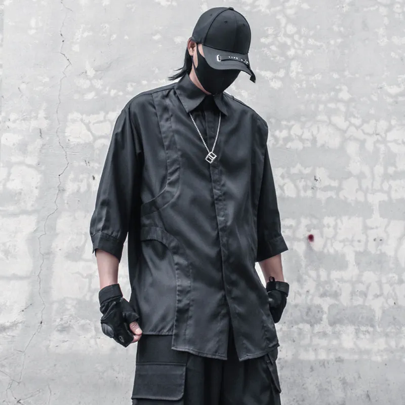 Dark Trendy Men's Irregular with Personality Stitching Three-Quarter Sleeve Loose Shirt Style Ruffle Handsome