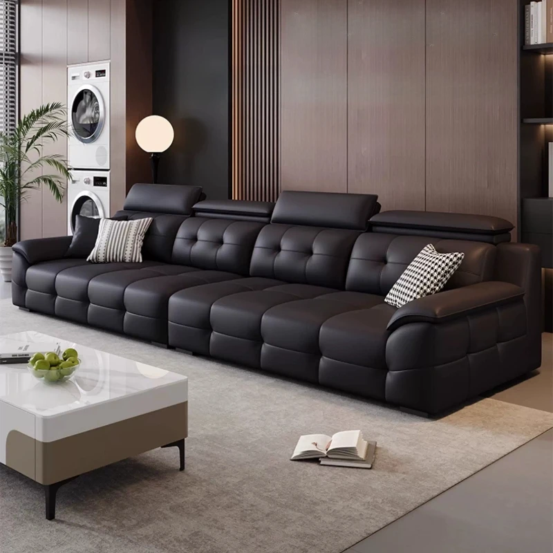 Modern Light Luxury Profile Real Leather Sofa Adjustable High Back 4-Seater Straight Sectional Sofa with Wide Wrap Armrest
