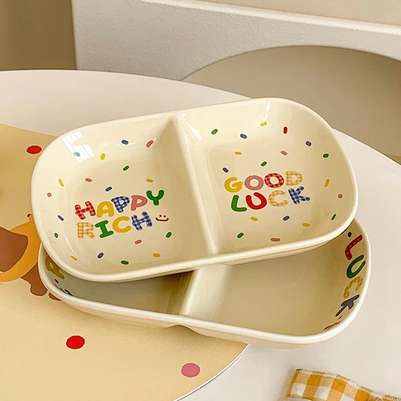 Ins Modern Contrast Ceramic Partition Plate Household Creative Dining Ware Healthy Eating Helper Slimming Divider Tablewares