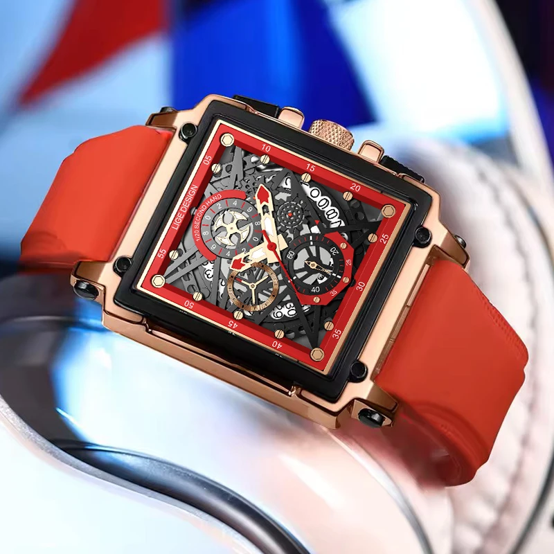 LIGE Fashion Red Silicone Watch For Men Creative Hollow Square Chronograph Clock Male Waterproof Luminous Quartz Men's Watches