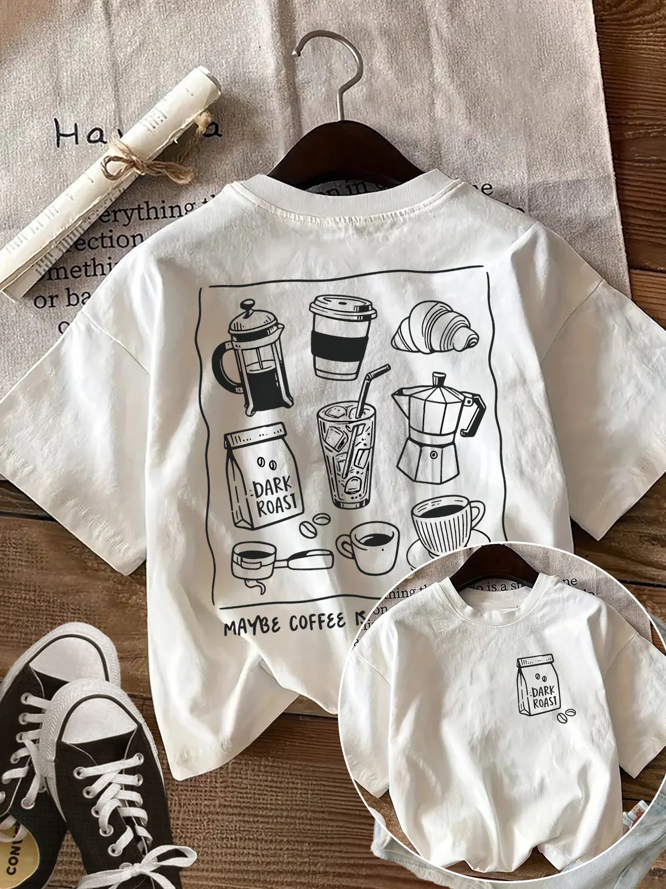 Spring Summer Style Top Hand-painted Style Coffee Bread Maybe Coffee Is Casual Loose Round Neck Short Sleeve Women's T-shirt