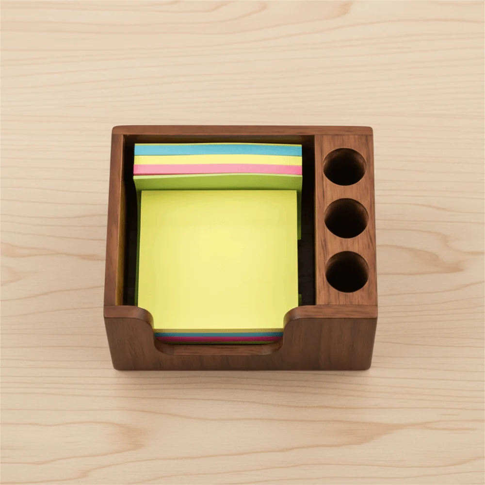 Nordic Style Wooden Desk Organizer Rectangular Non-slip Sticky Note Holder 3 Pen Slots Polished Surface Sticky Note Stand