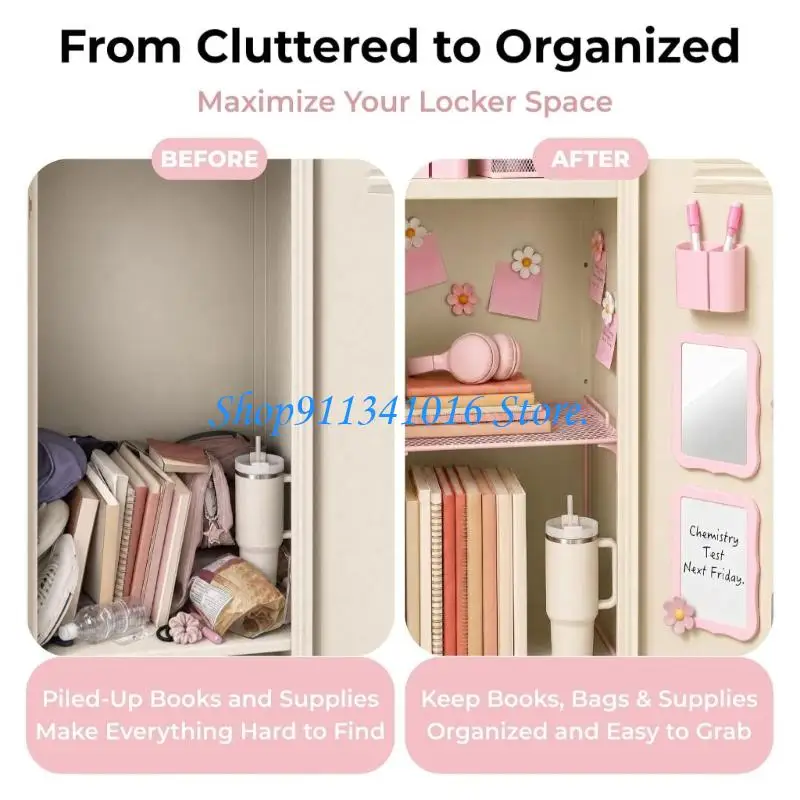 Pink Cabinet Storage Set, 15-Piece Iron Accessory Assortment with Wire Shelf and Sectioned Holder for Stationery and Small Daily