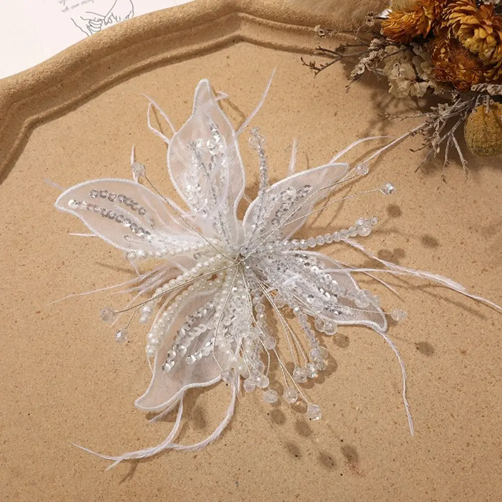 Feather Pearl 3D Organza Flower Patch Crystal Flower Lace Studded Patch Multi-layer Twisted Wire Embroidery Patch