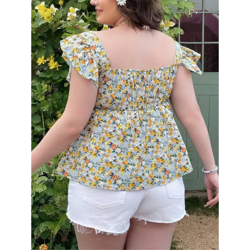 

Plus Size 1XL-5XL Women's Fashionable Vacation Style U-shaped Collar with Cinched Waist and Lace Sleeves Women's Shirt