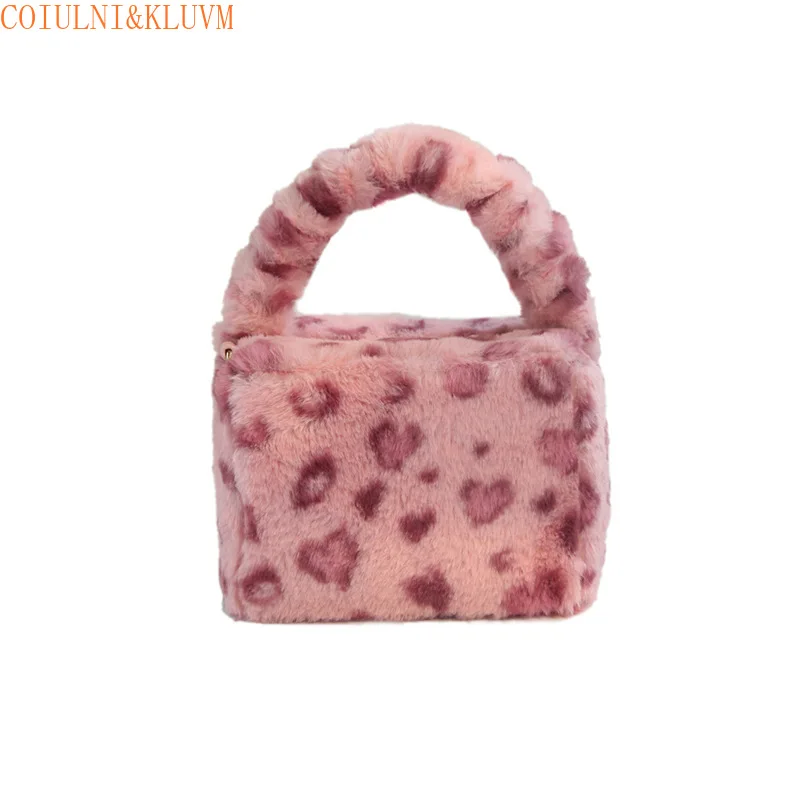 【COIULNI&KLUVM】new plush bag high-end pink leopard print fluffy handbag female cute fashion portable messenger bag