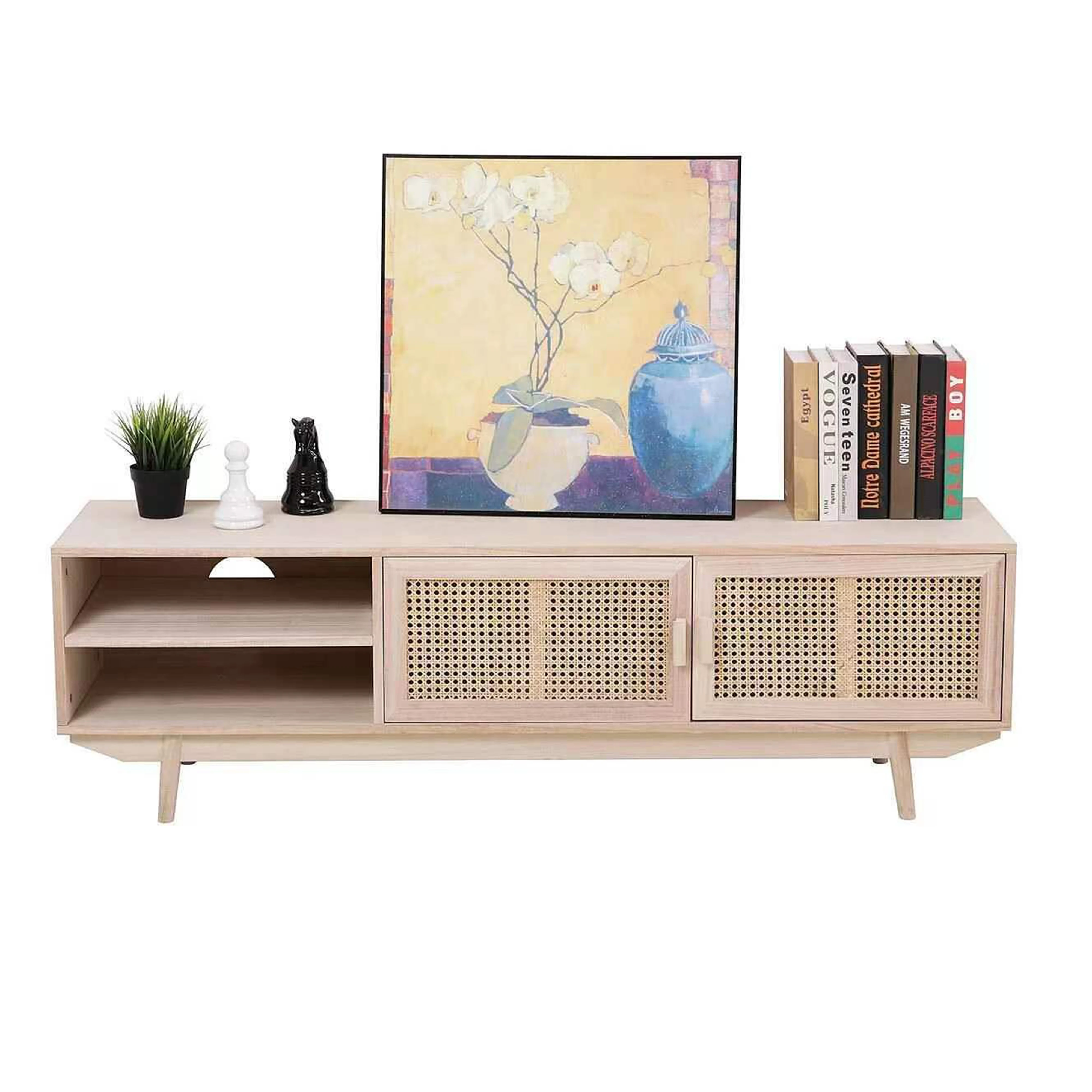 TV Stand for Living Room Wood TV Cabinet with Rattan Doors Entertainment Center with Shelf Rattan TV Console with Media Console