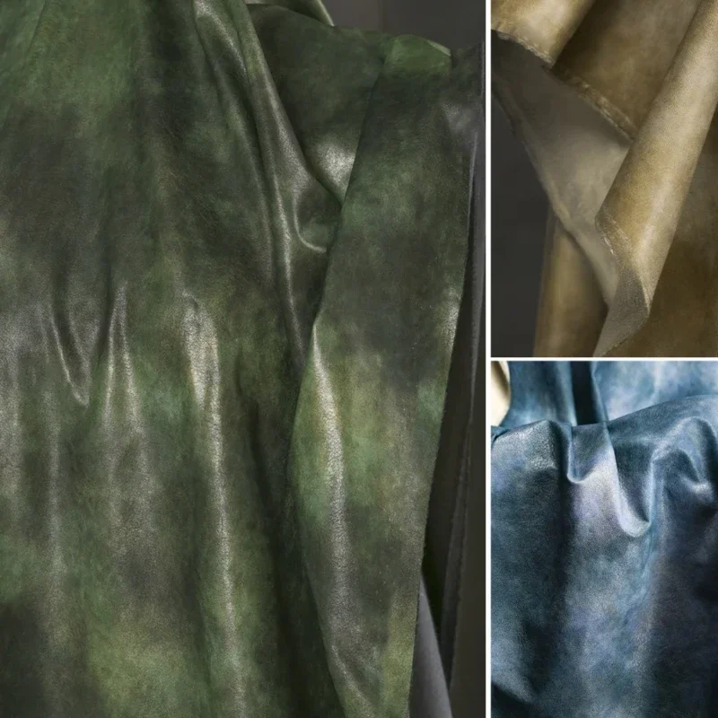 Green tie dye leather, soft leather non elastic PU used and remade crisp bag jacket clothing designer fabric