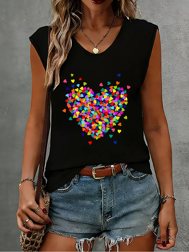 Lustiges, farbenfrohes, ärmelloses Tanktop mit Liebesherz-Motiv, T-Shirt mit V-Ausschnitt, lässige Mode-Weste, T-Shirts für Damen, T-Shirt mit V-Ausschnitt