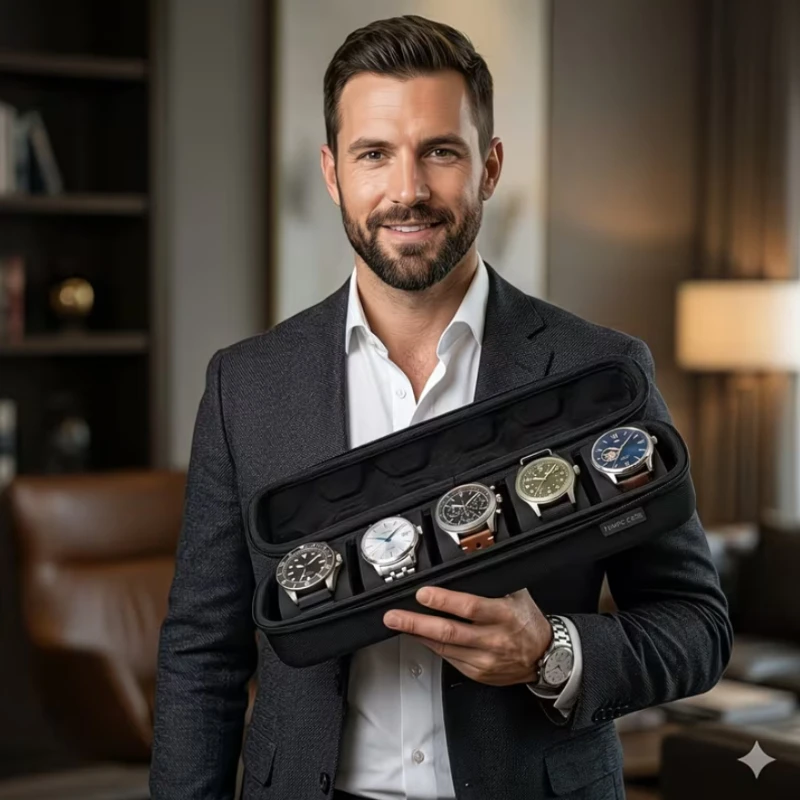 

Жесткий футляр для часов с 5 отделениями, мягкой пенопластовой вставкой, ручкой и застежкой-молнией, идеально подходит для защиты часов в путешествиях.