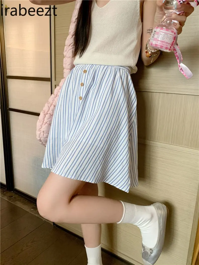 

Korean Version Fashion Striped Blue Half Pack Women Leisure Holiday Style High-waisted A-line Skirt Jupe Fleurie Femme Été