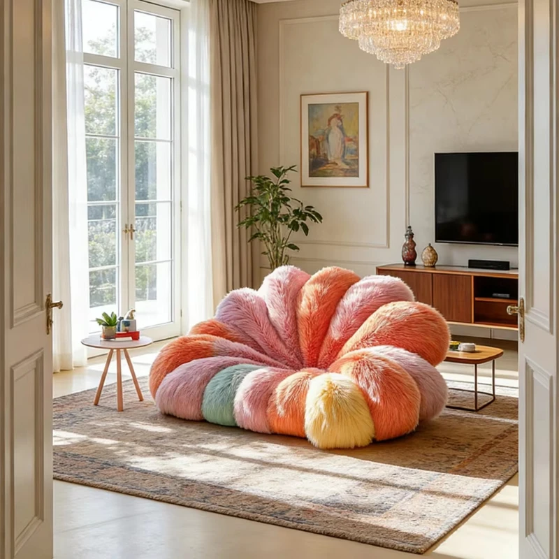 Modern multi-colored petal artificial fur floor mat: soft lazy sofa recliner