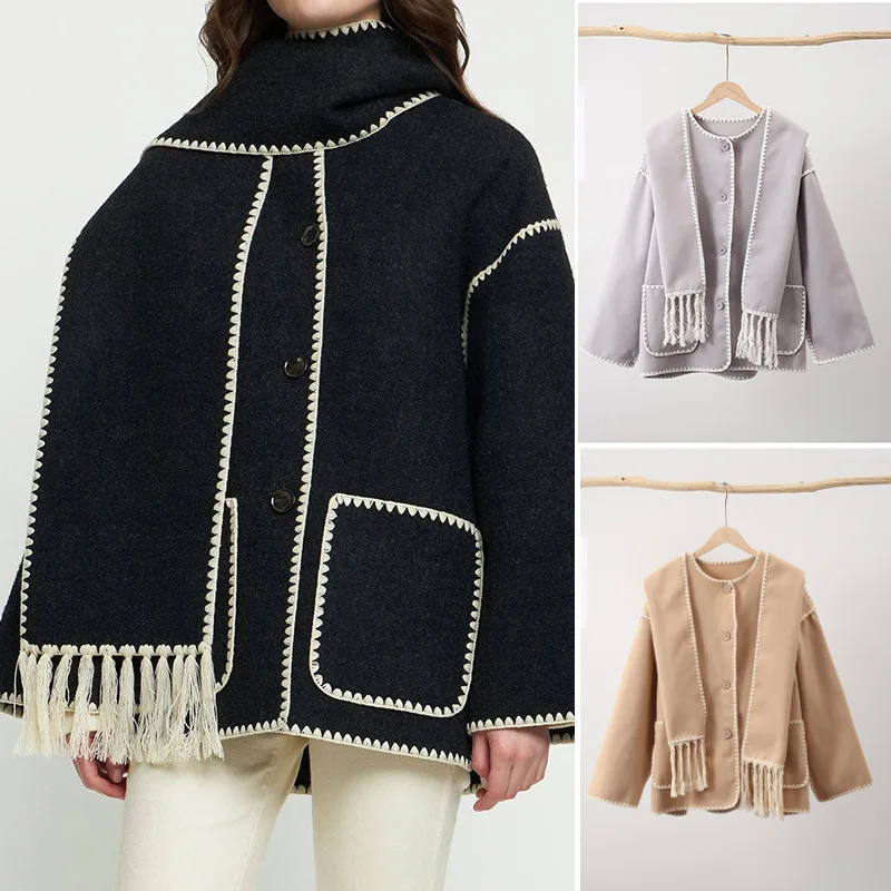 

2025 Autumn and Winter New Fashionable Casual Women's Clothing, Thick and Loose Woolen Coat with Scarf Tassel Women's Style