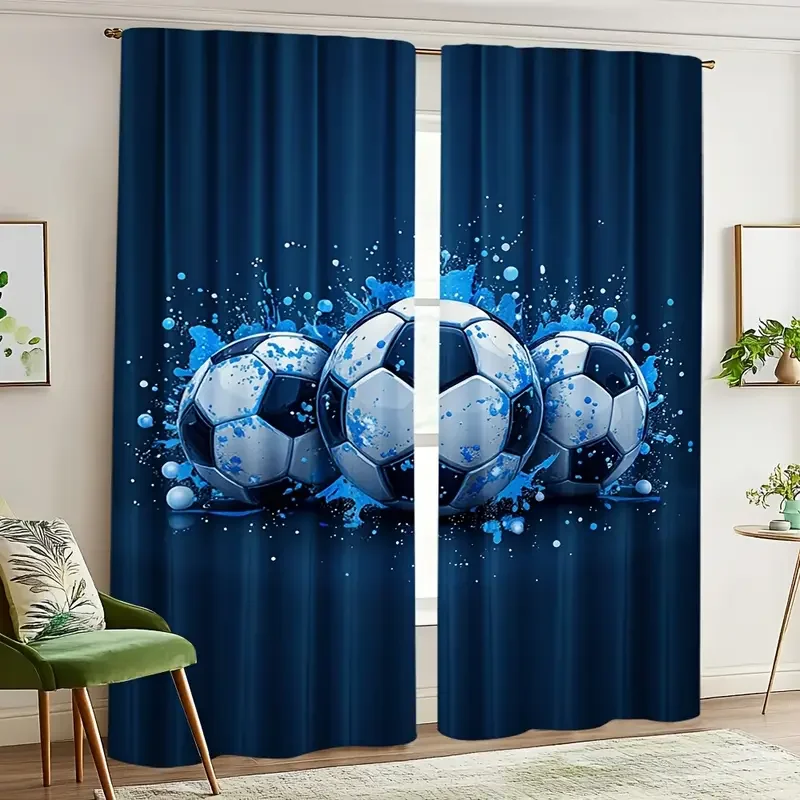 2pcs Dynamic Soccer Ball Printed Curtains, Designed for Light Filtering, Quality Material, Ideal for Sports Enthusiast Home Wind