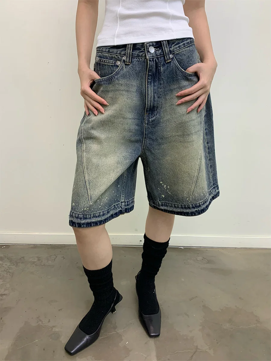 

NeverSeez синие джинсы ручной работы Splaed Ink Monkey Spray Dye Waed, женские летние обычные тонкие джинсовые орты