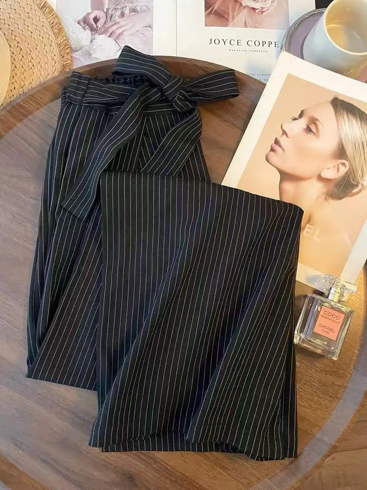 Black Striped Suit Wide Leg Pants Women Summer Loose Korean Lace Up Trousers Y2K High Waist Office Lady All Match Straight Pants