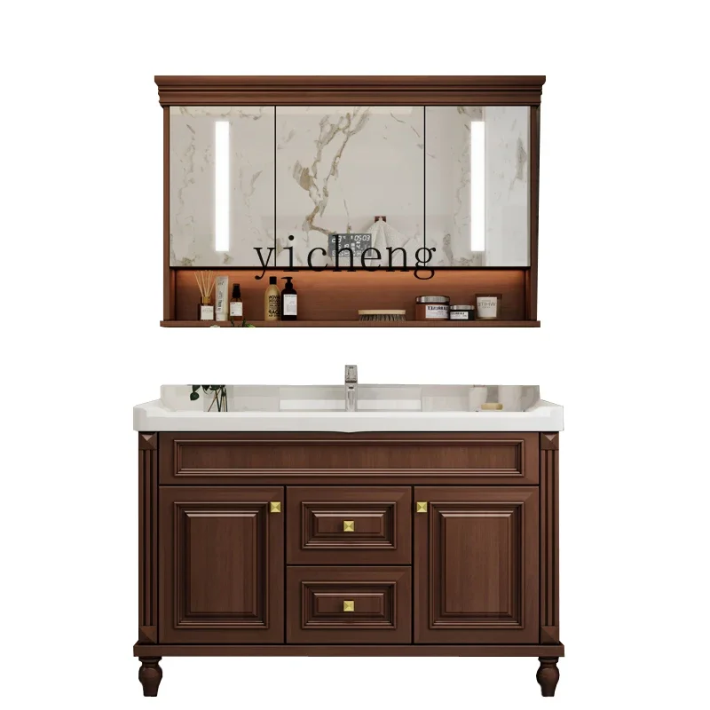 

B1 oak bathroom cabinet floor-to-ceiling face wash basin solid wood wash basin bathroom integrated pottery basin cabinet