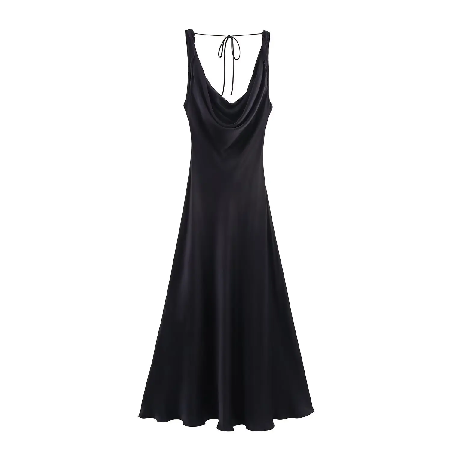 Women's New Fashion Retro Black Satin Texture Sexy Backless Midi Dress Retro Sleeveless Lace-up Women's Holiday Party Dress