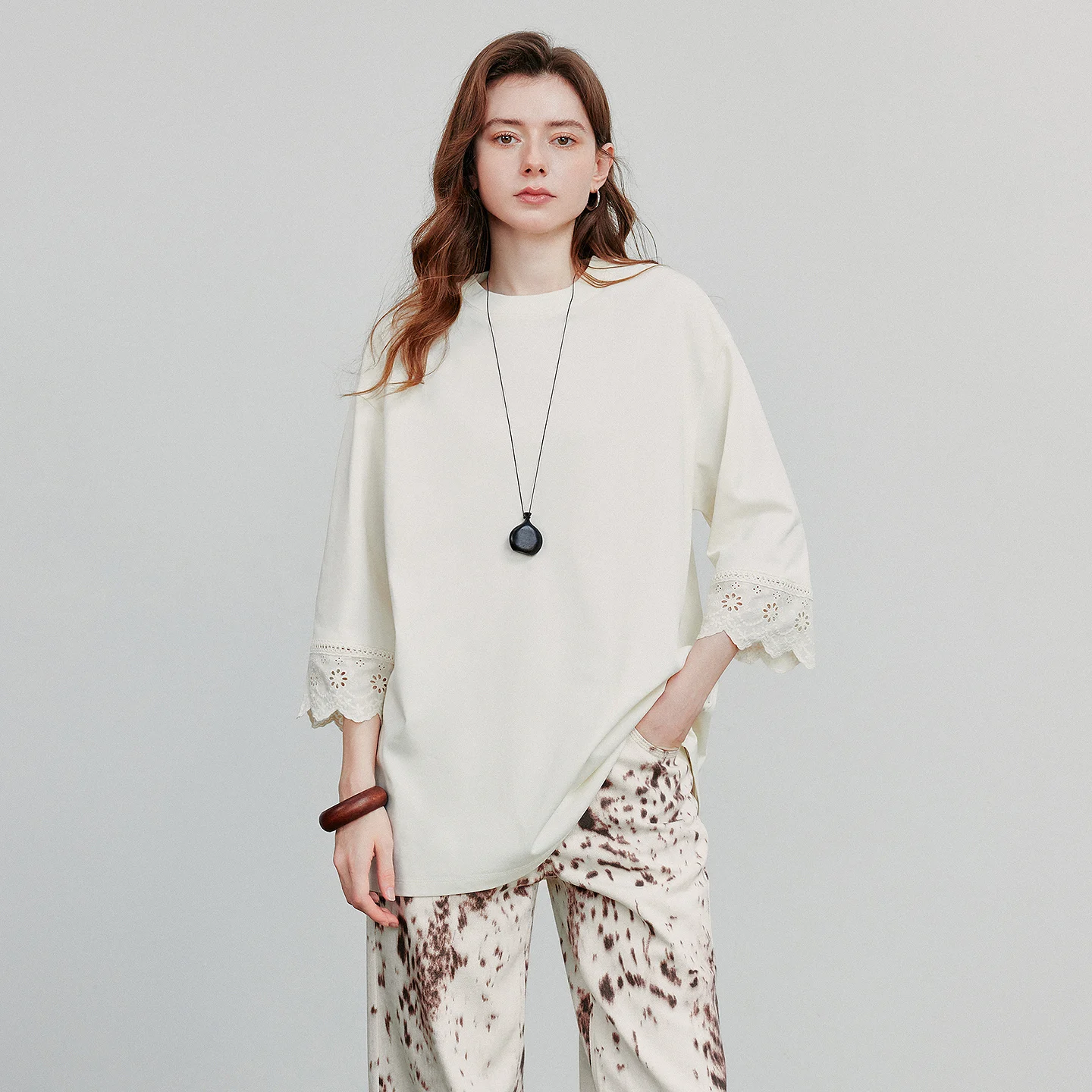 TOYOUTH Vrouwen T-shirt 2025, Herfst Nieuwe Ronde Hals Patchwork Kant Driekwart Mouw Losse Katoenen Tops