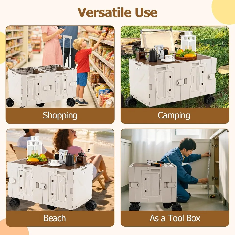 عربة دوارة محمولة مع صناديق تخزين من طبقتين، 5 عجلات دوارة، مقبض معدني تصغير، عربة أدوات كبيرة قابلة للطي