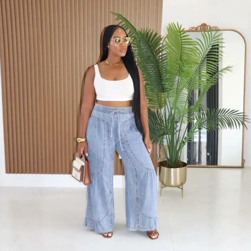 Women Fashion Casual Denim Wide Leg Pants Lace Up Elastic High Waist Loose Casual Jeans Streetwear Trousers All Matching Bottoms