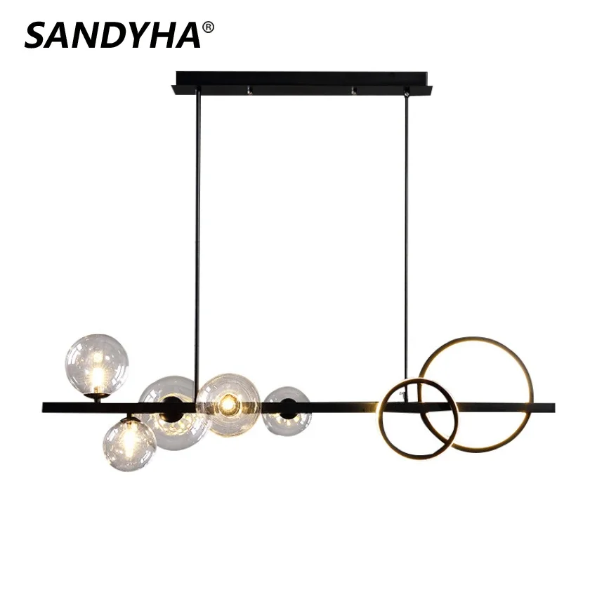 

SANDYHA Nordic Bubble Glass Ball Chandeliers Black Art Long Pole Pendant Light Kitchen Dining Living Room Restaurant Indoor Lamp
