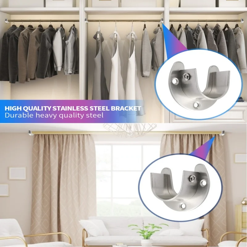 2Pcs 25/32mm Stainless Steel U-Shaped Wardrobe Rail Bracket,Curtain Socket Flange Rod Holder,Bathroom Curtain Tube Fixing Seat