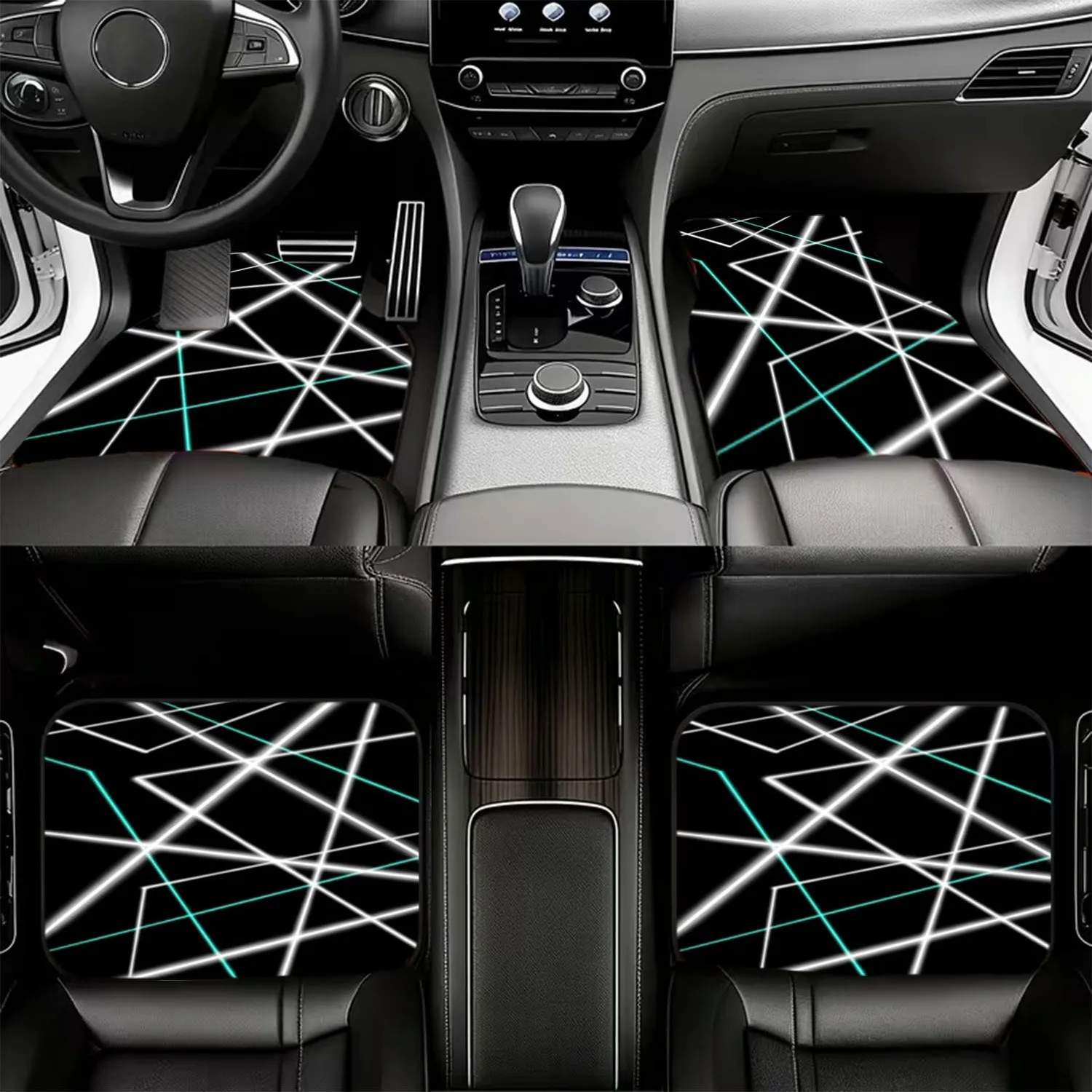 4pcs Car Floor Mats With Dynamic Grid Pattern | Polyester Fiber Material, White & Cyan Lines On Black Background, Stylish & Dura