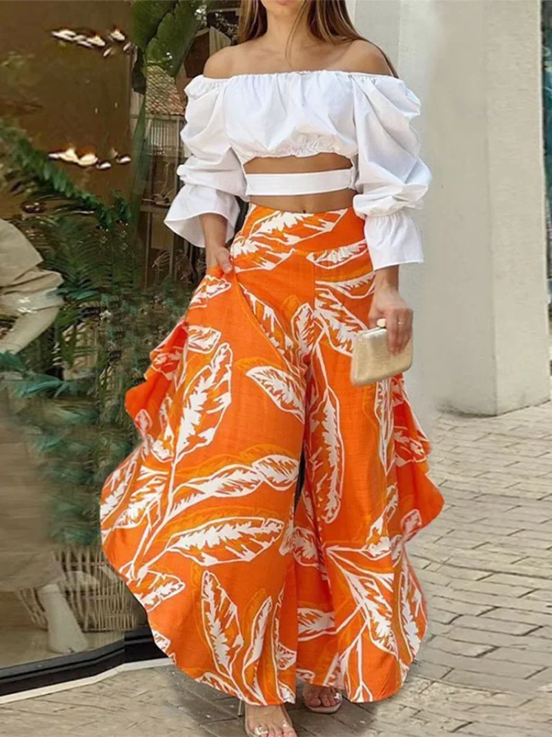 

GUWU модные съедобные широкие брюки с принтом листьев и укороченный топ с открытыми плечами, комплект из двух предметов, женская одежда