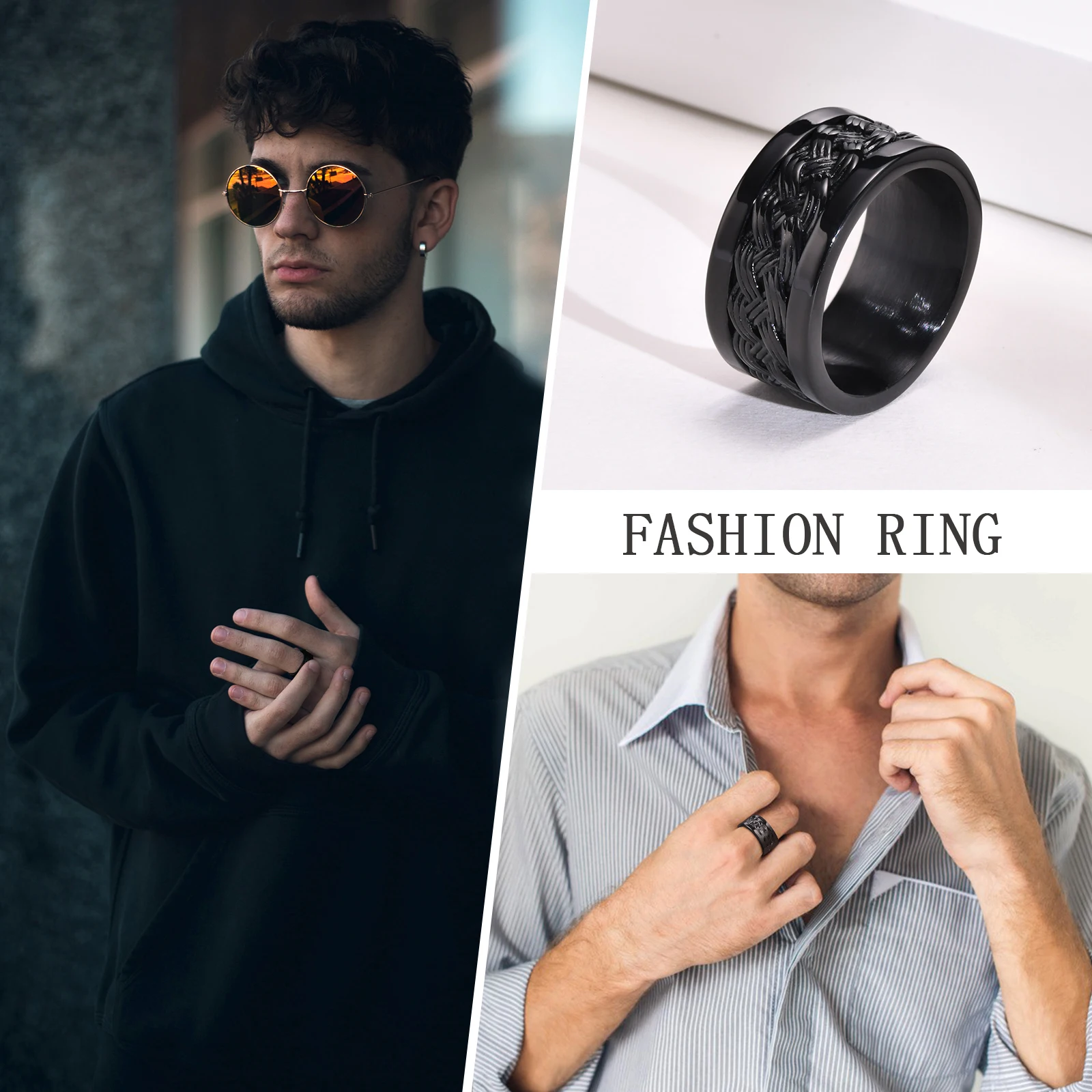 Vnox 10mm Interwoving Texture Ring for Men, Black Stainless Steel Finger Band, Gothic Vintage Punk Boy Male Fraternal Rings