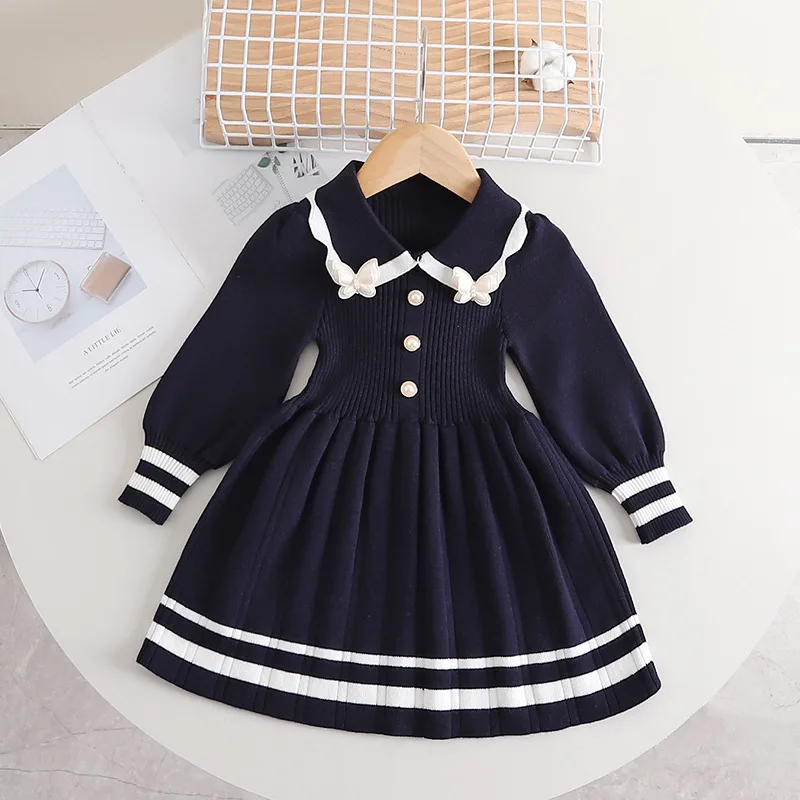 Girl Knitted Dress Bow Pearl Sweater Spring Cute Stripe Children Clothing Long Sleeve Princess Dresses Fashion Baby Girl Clothes