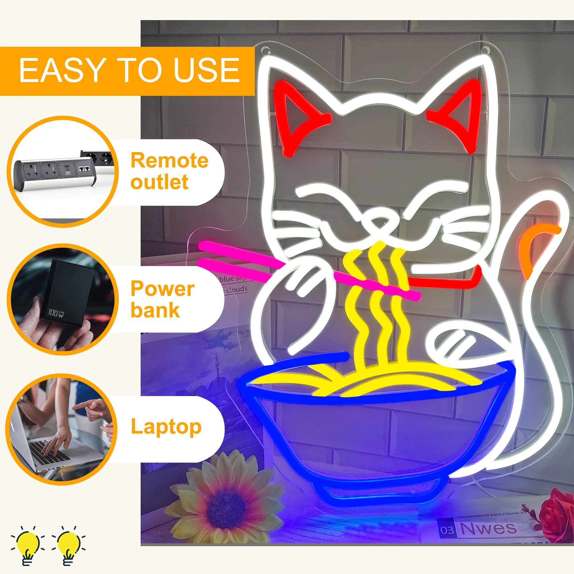 Fortune Lucky Cat Custom Neon Sign Home Room Ramen Noodles Design LED Light Bedroom Store Salon Studio Wall Decor Business Signs