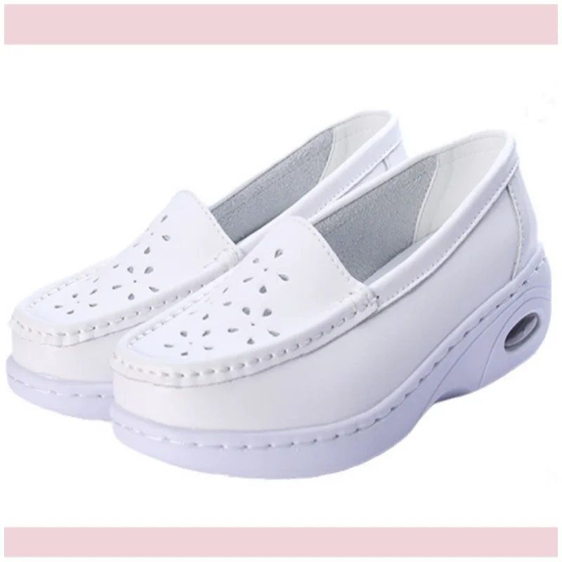 

big size 2024 new hot sell high quality real cow leather soft and comfortable white color lady shoes for nurse and doctor